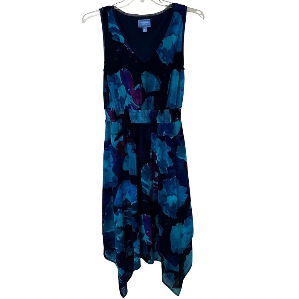 Simply Vera Vera Wang Blue Floral Handkerchief‎ Hem Smocked Waist Dress Womens M